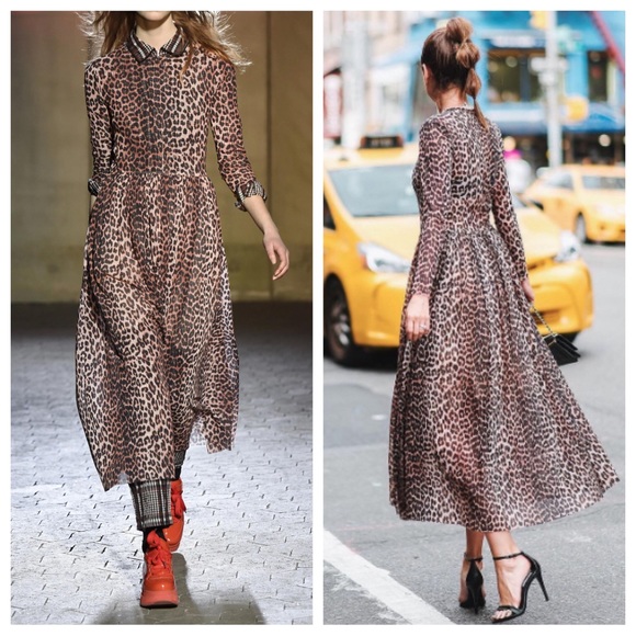 Ganni Leopard Tilden Long Sleeve Maxi Dress Sz 36 Small - Picture 2 of 14